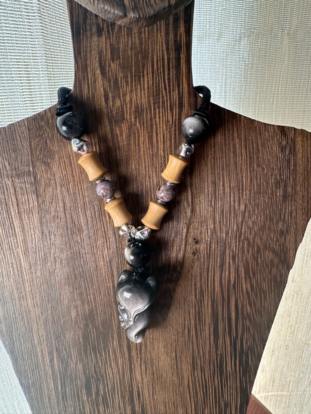 Handcrafted Silver Obsidian Fox Pendant Necklace on Black Beaded Adjustable Rope